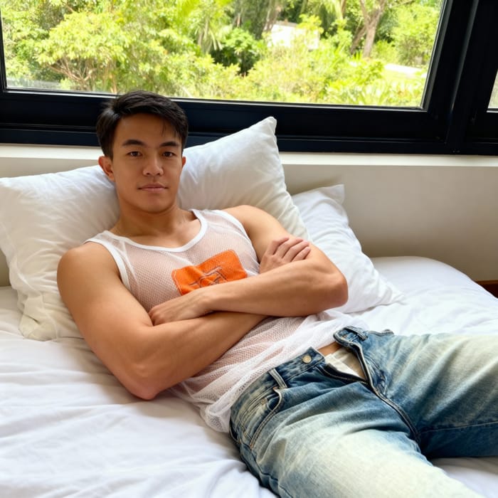 Realistic Photo of a Man on a Bed Realistic Photo of a Man on a Bed