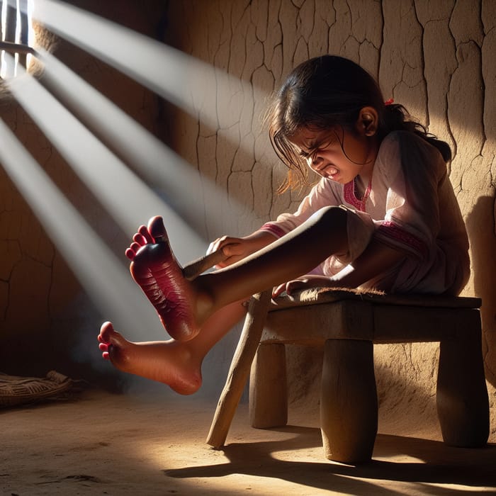 Girl Striking Red Swollen Feet with Wooden Stick