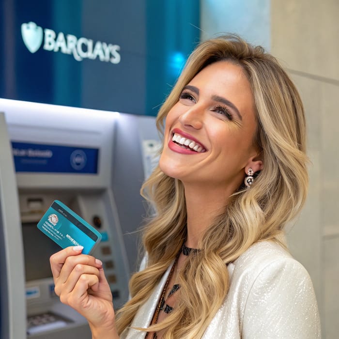 Happy Brazilian Woman with Barclays Credit Card Happy Brazilian Woman with Barclays Credit Card