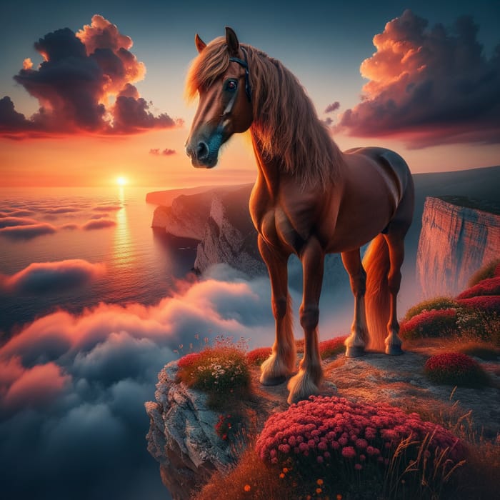 Majestic Chestnut Horse at Sunset on Cliffs | Harmony of Nature