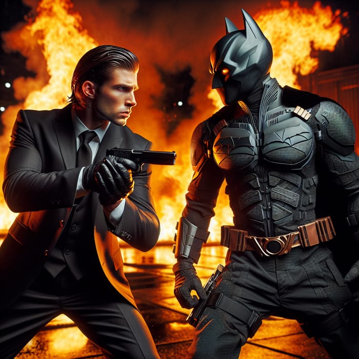 Epic Battle: John Wick vs. Batman in Fiery Building