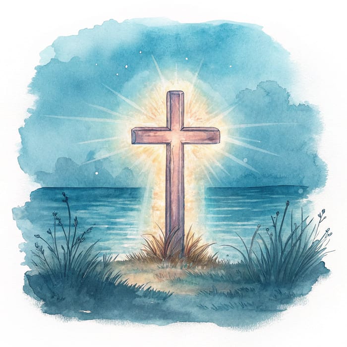 Glowing Christian Cross in Watercolor Art