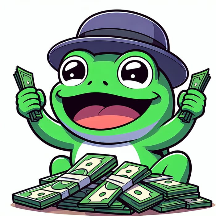 Joyful Cartoon Frog Counting Money in Bowler Hat