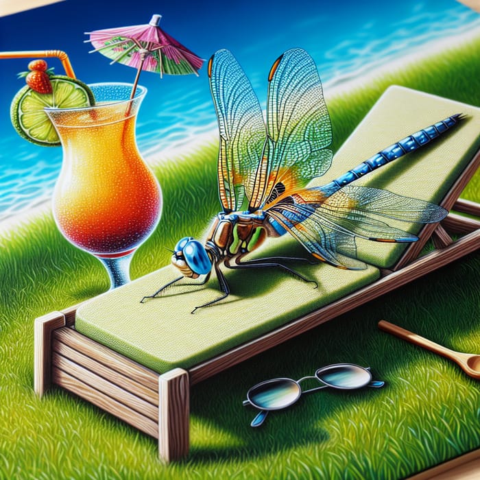 Dragonfly Relaxing on Sun Lounger with Cocktail