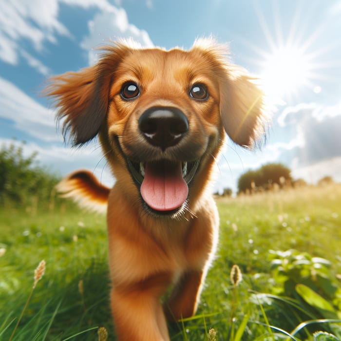 Friendly Brown Dog Playing in Green Field