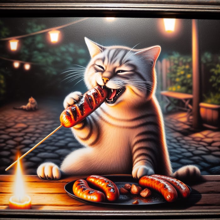 Ravenous Cat Indulging in Grilled Sausage | Cozy Backyard Setting