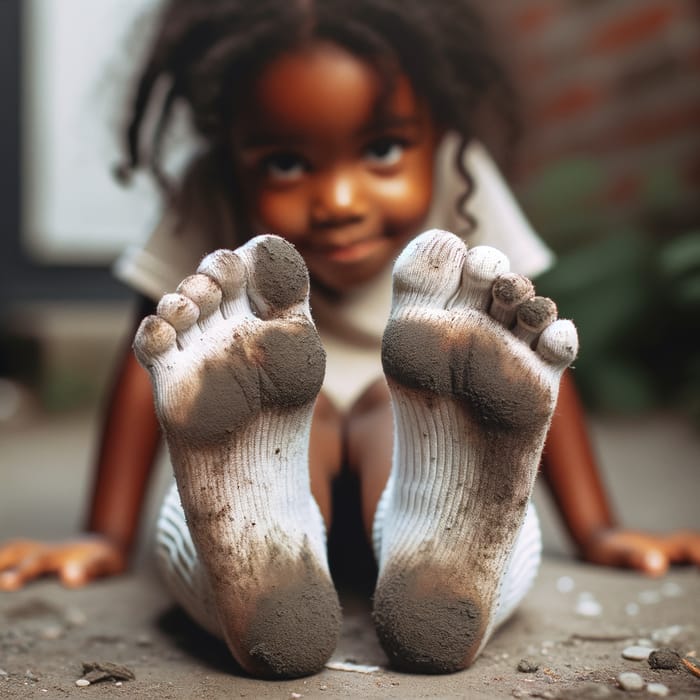 Girl Showing Soles of Feet with Dirty White Socks