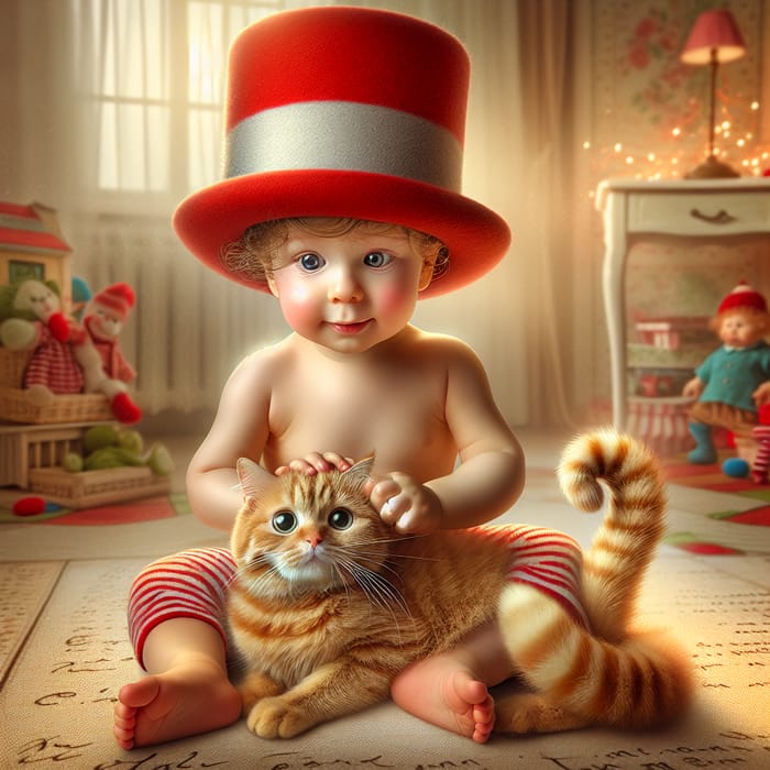 Adorable Baby Boy Playing with Ginger Cat in Striped Hat