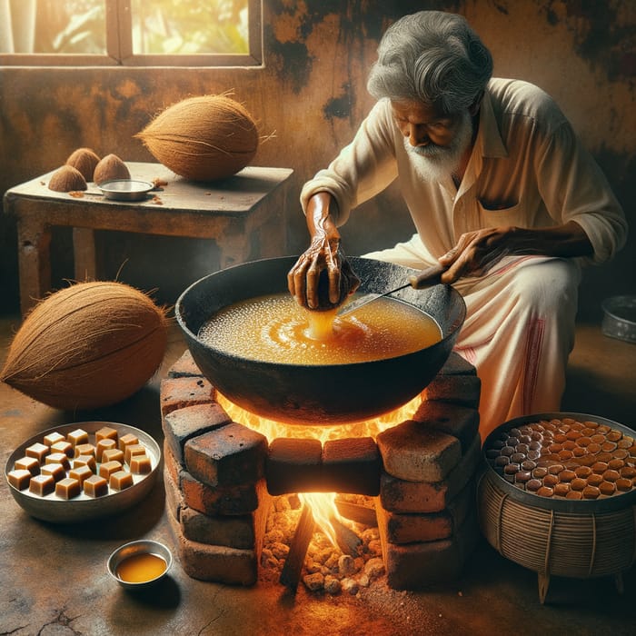 Coconut Jaggery Preparation in Traditional Rustic Kitchen