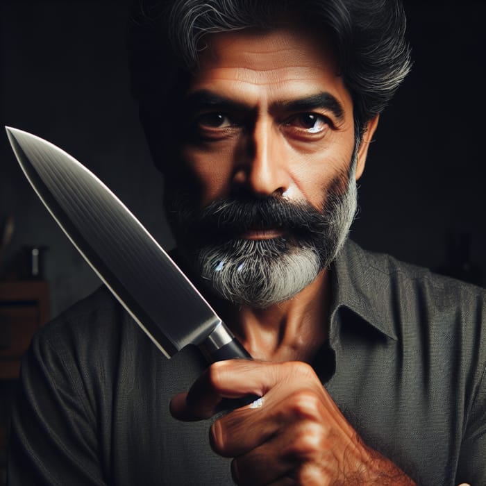 Middle-Aged Man Holding Knife in Dim Room