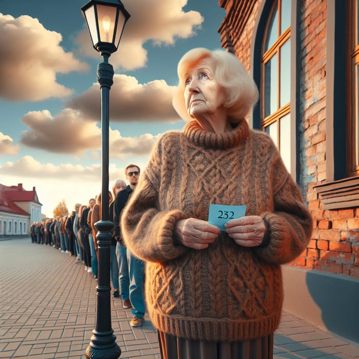 Elderly Lady Standing in Food Line at Sunset