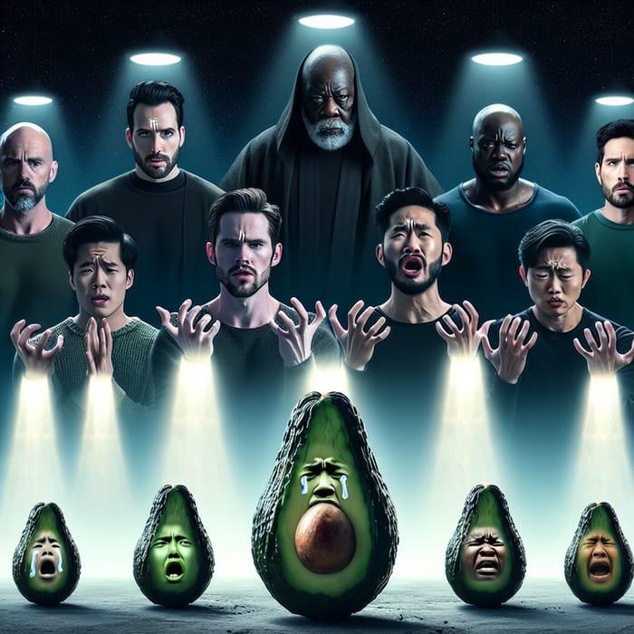 Six Diverse Men Cursing Realistic Avocados at Night