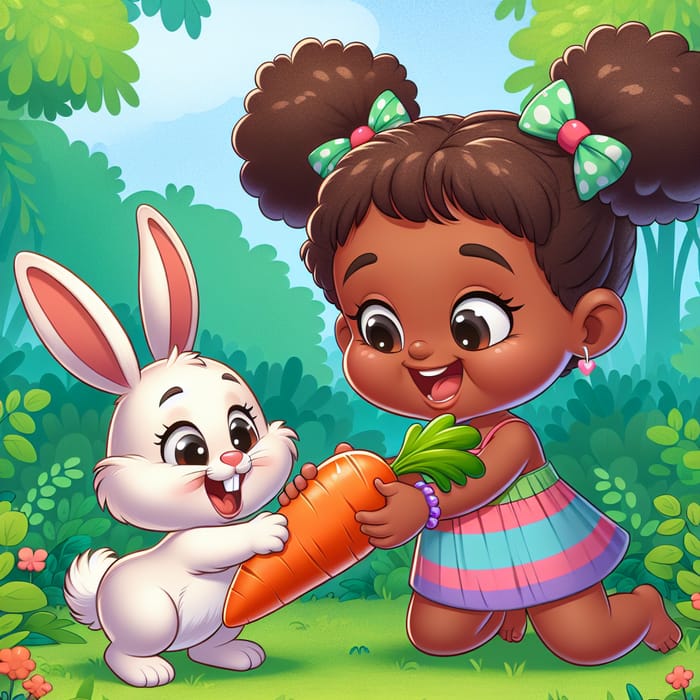 Happy Black Girl with Rabbit - Cartoon Adventure