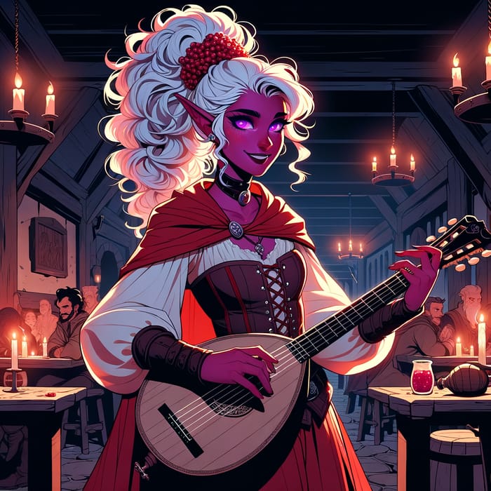 Rogue Tiefling Bard Entertaining in Dimly Lit Tavern