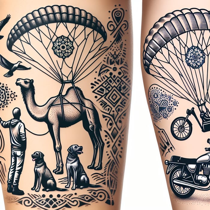 Travel-inspired Tattoo for Arm: Camel, Paraglider, Dogs & Motorcycle