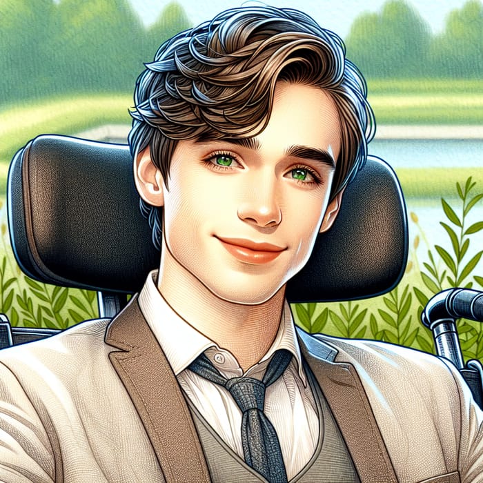 Young Caucasian Man with Sparkling Green Eyes in Modern Wheelchair