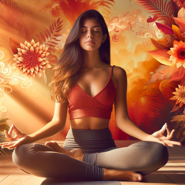 Hispanic Woman Meditating in Padasana Pose Surrounded by Warm Orange Hues