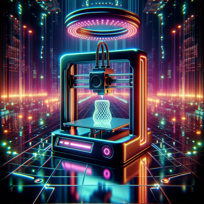 Innovative 3D Printer Scene with Neon Glow and Intricate Details