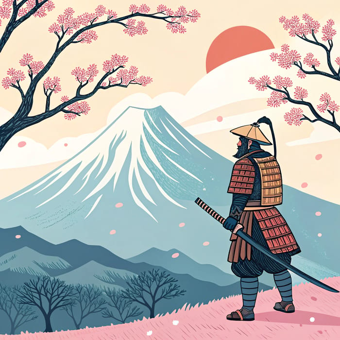 Samurai in Jingasa: Cherry Blossoms & Mountains