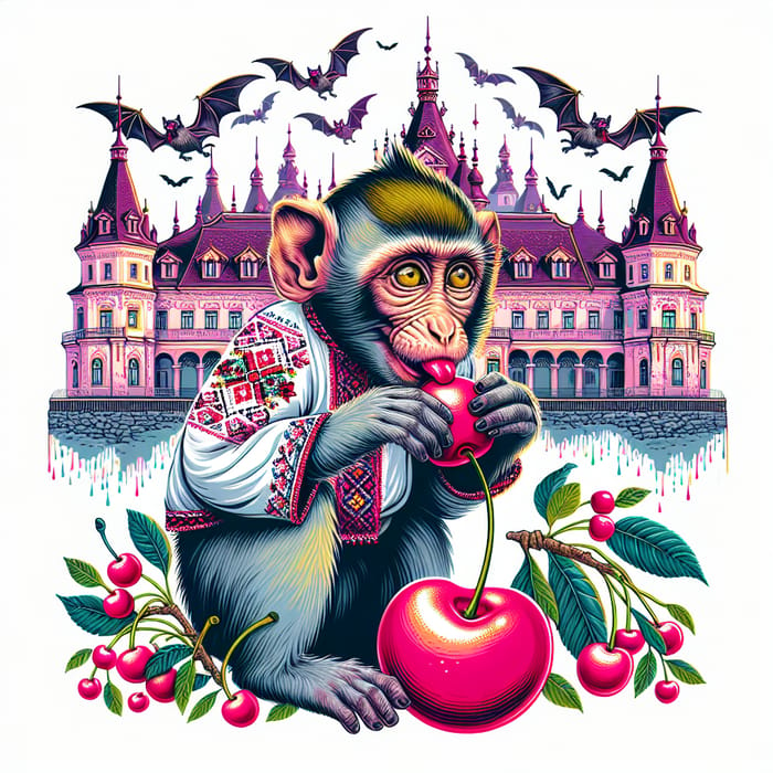 Monkey in Ukrainian Embroidery Eating Cherry at Medieval Castle