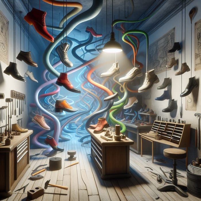 Surrealistic Shoe Repair Shop: Enigmatic Artistry with Floating Shoes