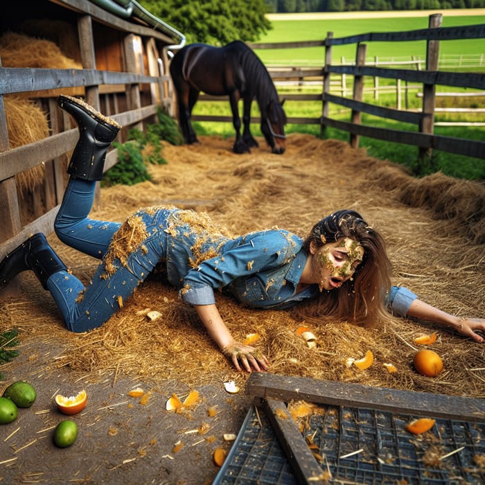 Girl Covered in Horse Dung: Farmyard Surprise