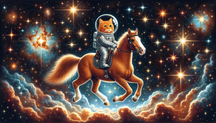 Orange Cat Riding a Horse in Space Adventure