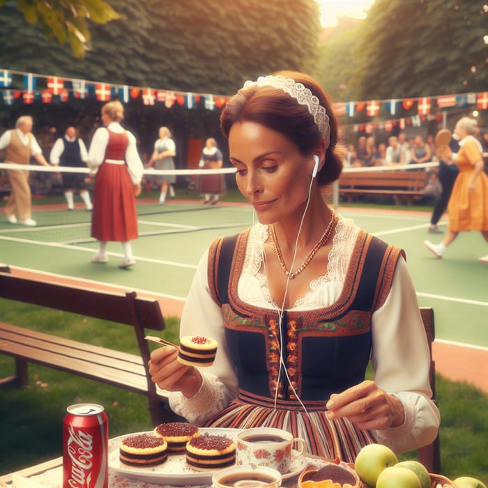 Danish Woman Enjoying Traditional Attire, Health Podcast, and Danish Delights