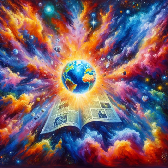 Captivating Oil Painting of News and Globe Explosion in Nebula