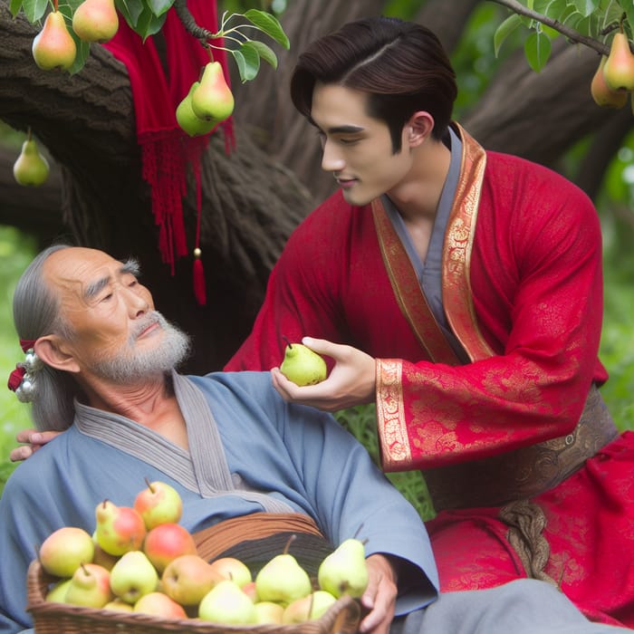 Handsome Ancient Man Resting Under Blooming Pear Tree