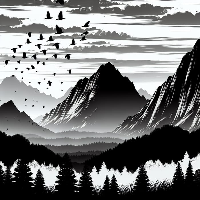 Dramatic Black and White Mountain Silhouette with Flying Birds