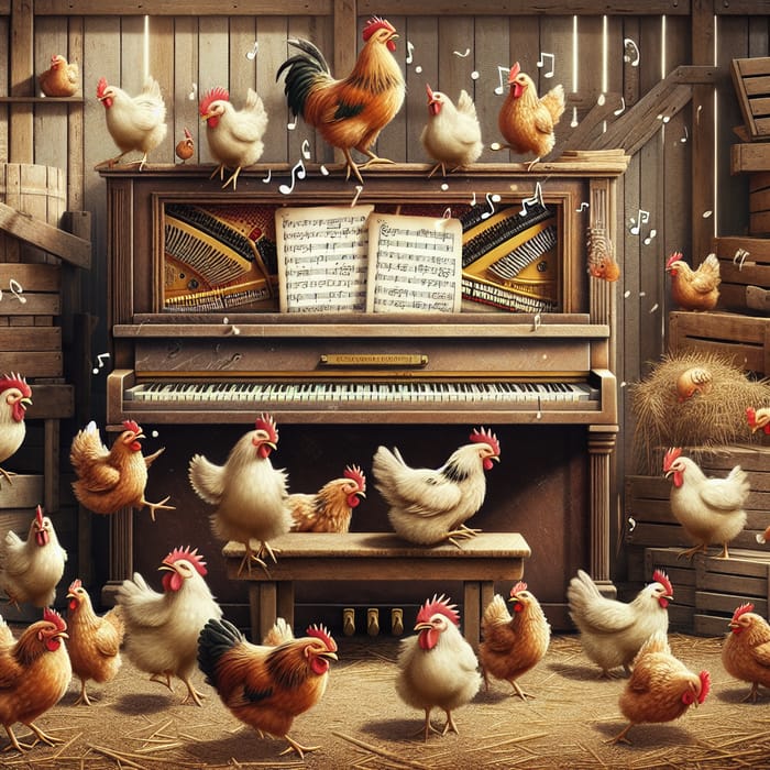 Playful Chickens at the Piano | Rustic Barn Fun Scene