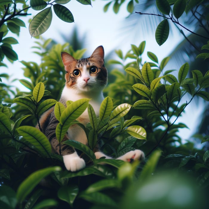 Cat Sitting on a Lush Tree