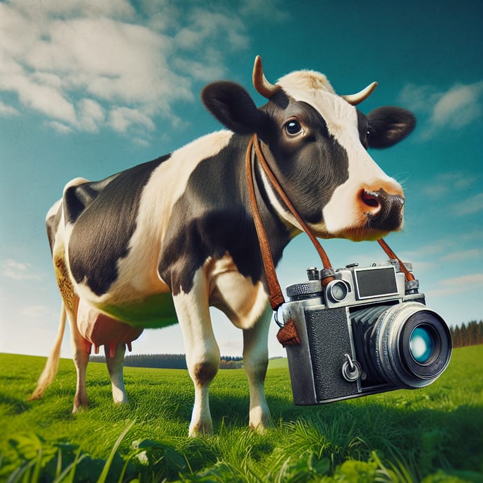 Cow with Camera Captured in Meadow