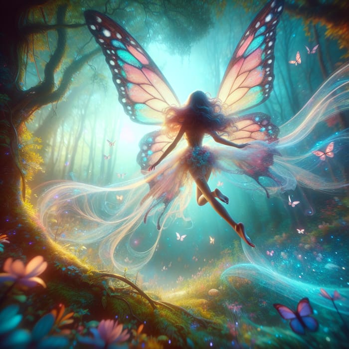 Magical Girl with Butterfly Wings in Enchanted Forest