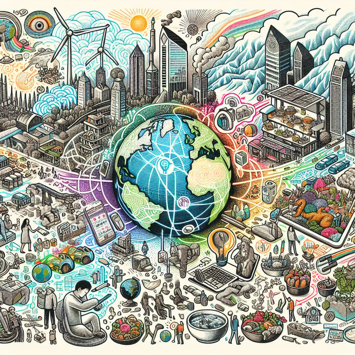 Hand-drawn Contemporary World: Globalization, Technology & Diversity