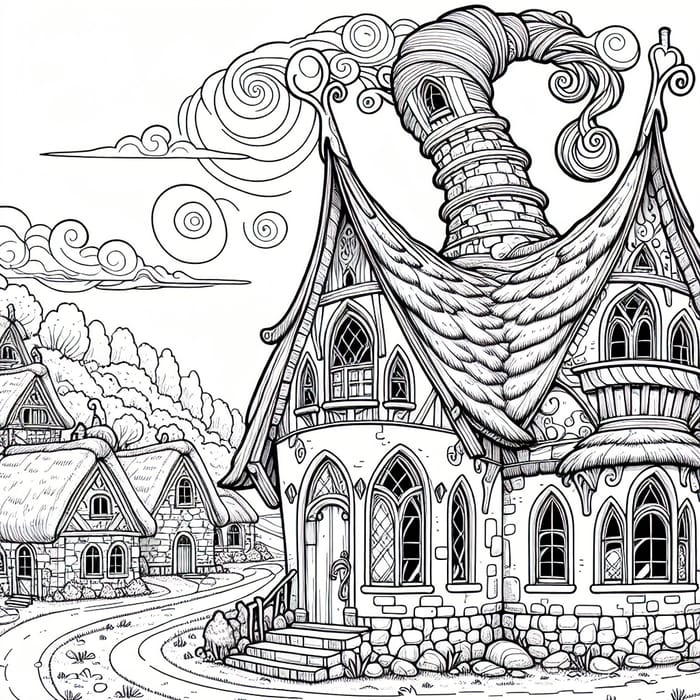 Fantasy Cottage Coloring Page | Rural Village Drawing Fantasy Cottage Coloring Page | Rural Village Drawing