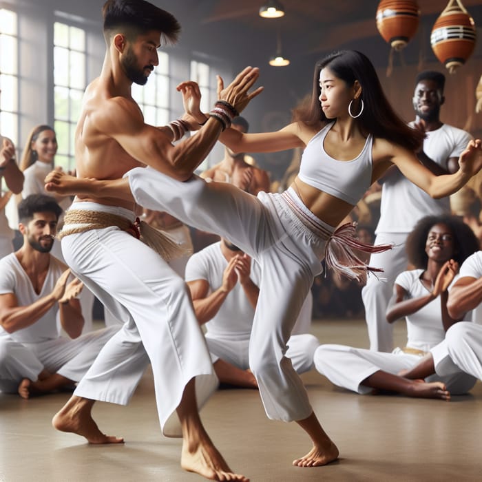 Capoeira Duo: Dynamic Performance by Asian Man and African American Woman