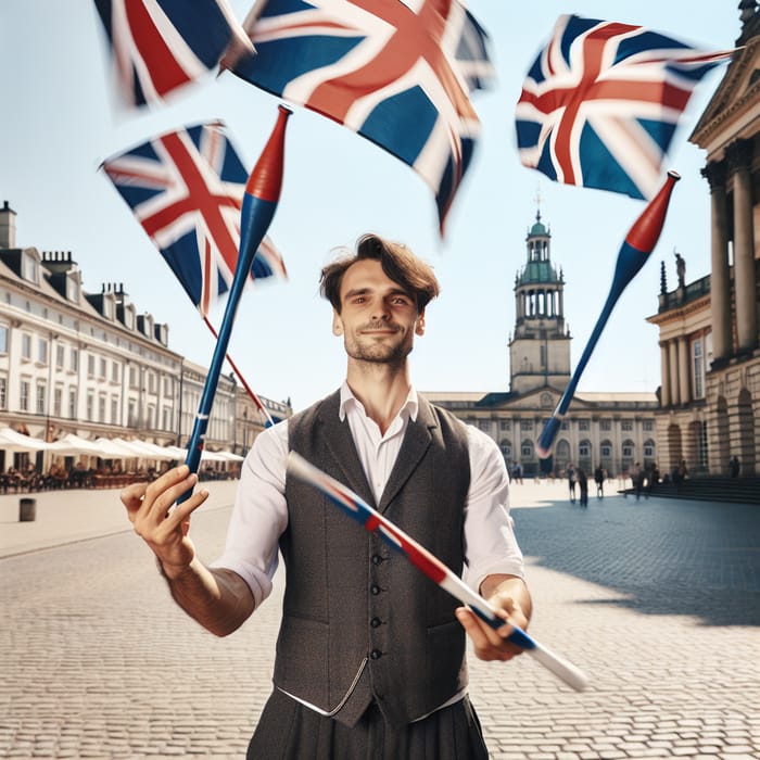 Skilled Entertainer Juggling British Flags