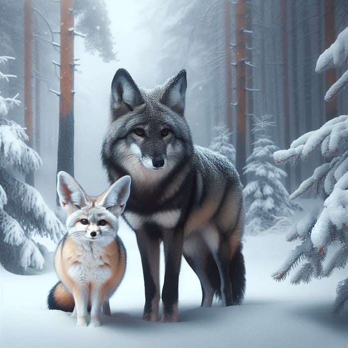 Winter Love: Fennec Fox & Grey Wolf Affection