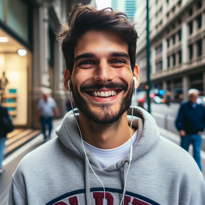 Happy Man Walking in City Listening to Tommy English Headphones