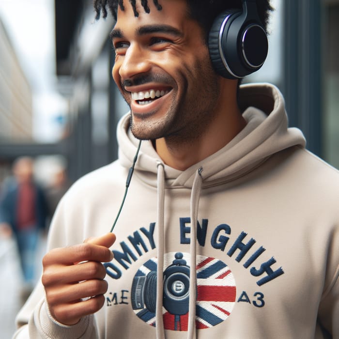 Joyful Man Walking with Tommy English Hoodie | Street Happiness