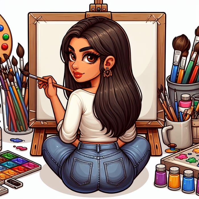 Detailed Cartoon: South Asian Woman Painting with Paintbrush