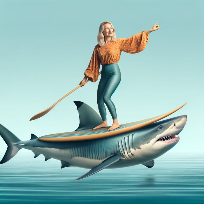 Blonde Female Surfing on Giant Shark - Unusual Ocean Surfing Scene