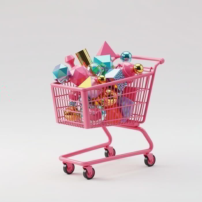 Vibrant Shopping Cart with Geometric Merchandise