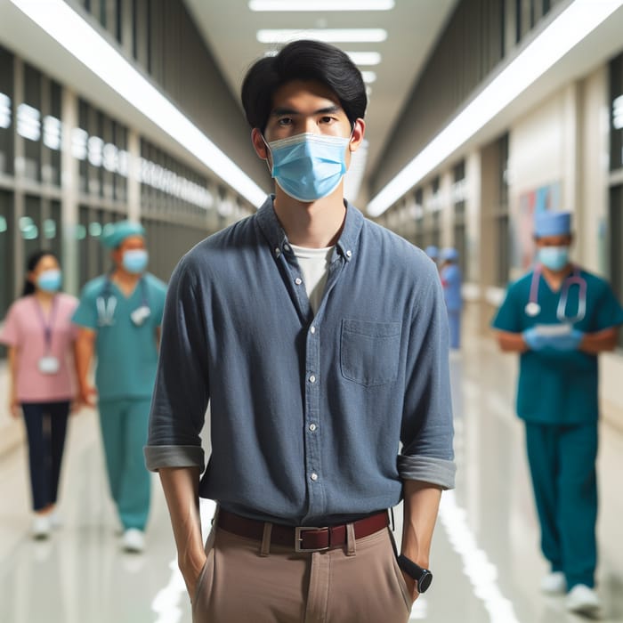 Asian Man in Mask in Hospital Hallway