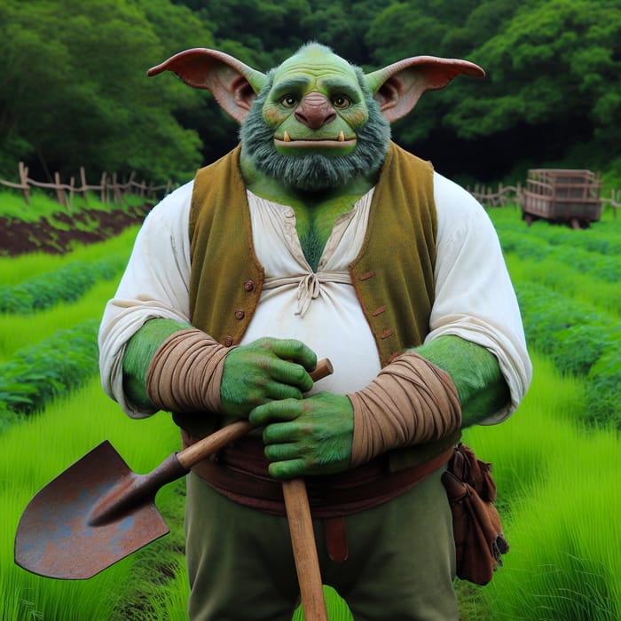 Shrek standing in field with shovel