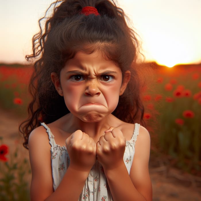 Upset Young Hispanic Girl in Poppy Field