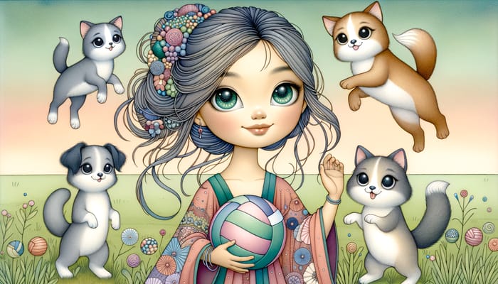 Whimsical Girl Character with Pets and Volleyball Sketch