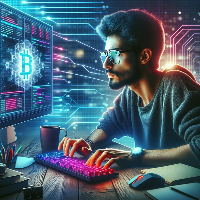 Intense Focus: Skilled Programmer at Neon-Tinted Blockchain Desk